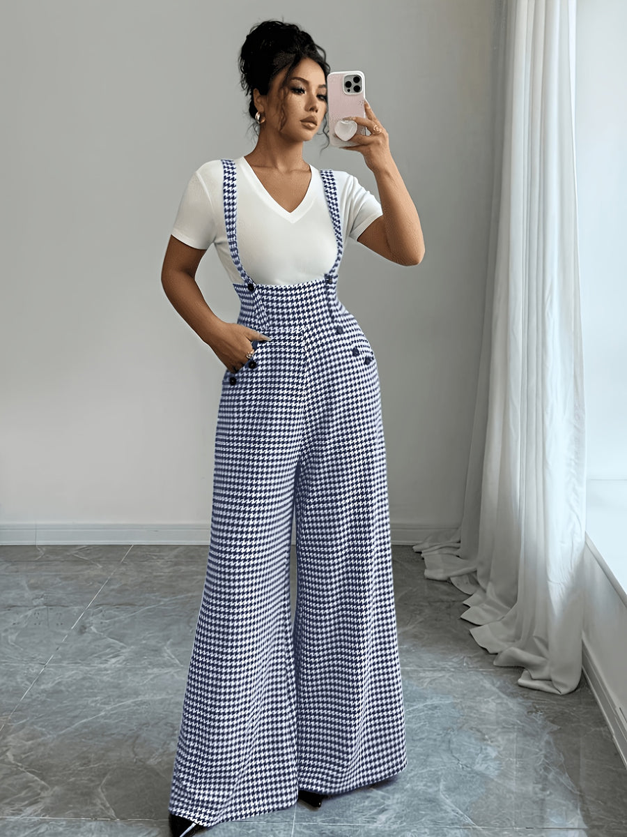 Elegant Women'S Houndstooth Camisole Straight Wide-Leg Suspender Pants, Retro Casual Overalls, All-Season Versatile for Fall And Winter - Blue