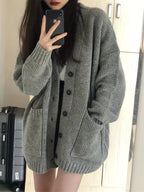 Casual V-Neck Single-Breasted Sweater Coat for Women with Double Pockets, Autumn and Winter Cardigan - Grey