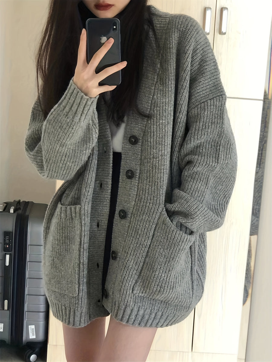 Casual V-Neck Single-Breasted Sweater Coat for Women with Double Pockets, Autumn and Winter Cardigan - Grey