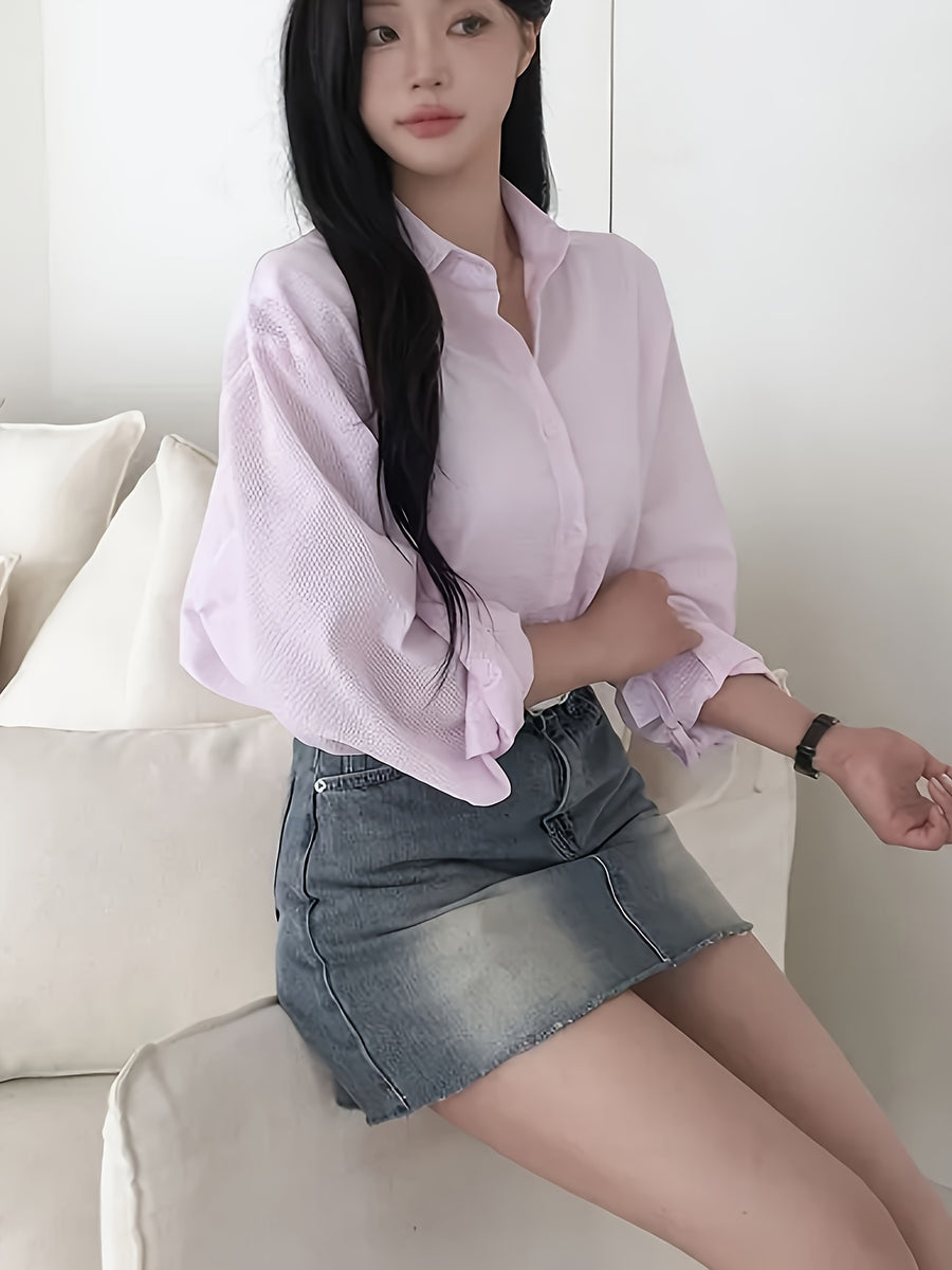 Women'S Shirt Summer New Loose Casual Versatile Single-Button Blouse Sunscreen Jacket Top - Pink