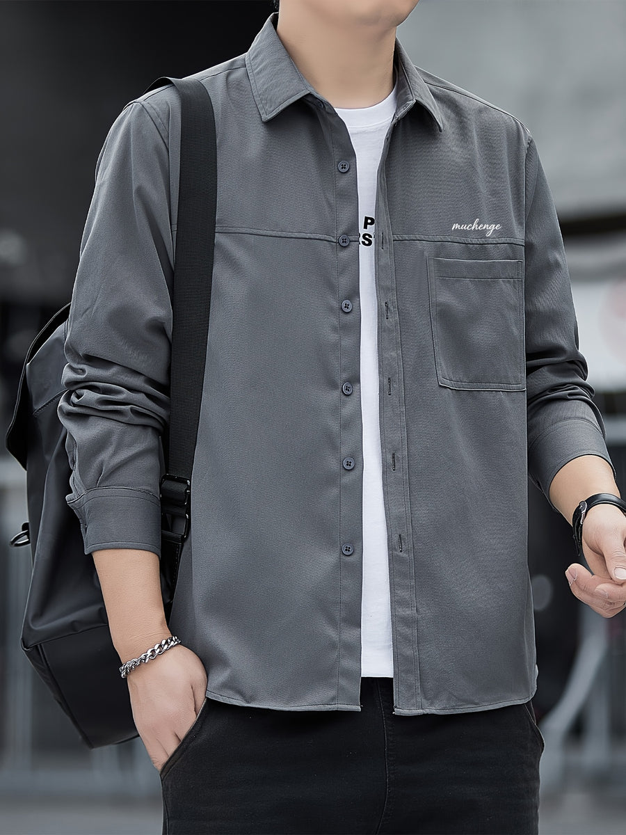 Men'S Long Sleeve Shirt Patchwork Single Pocket Letter Print Outdoor Casual Spring Autumn Regular Daily Commute Office Date Party - Grey