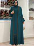 Women'S Middle Eastern Muslim Solid Color Vest Dress + Coat Two-Piece Set - Deep Peacock Blue