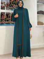 Women'S Middle Eastern Muslim Solid Color Vest Dress + Coat Two-Piece Set - Deep Peacock Blue