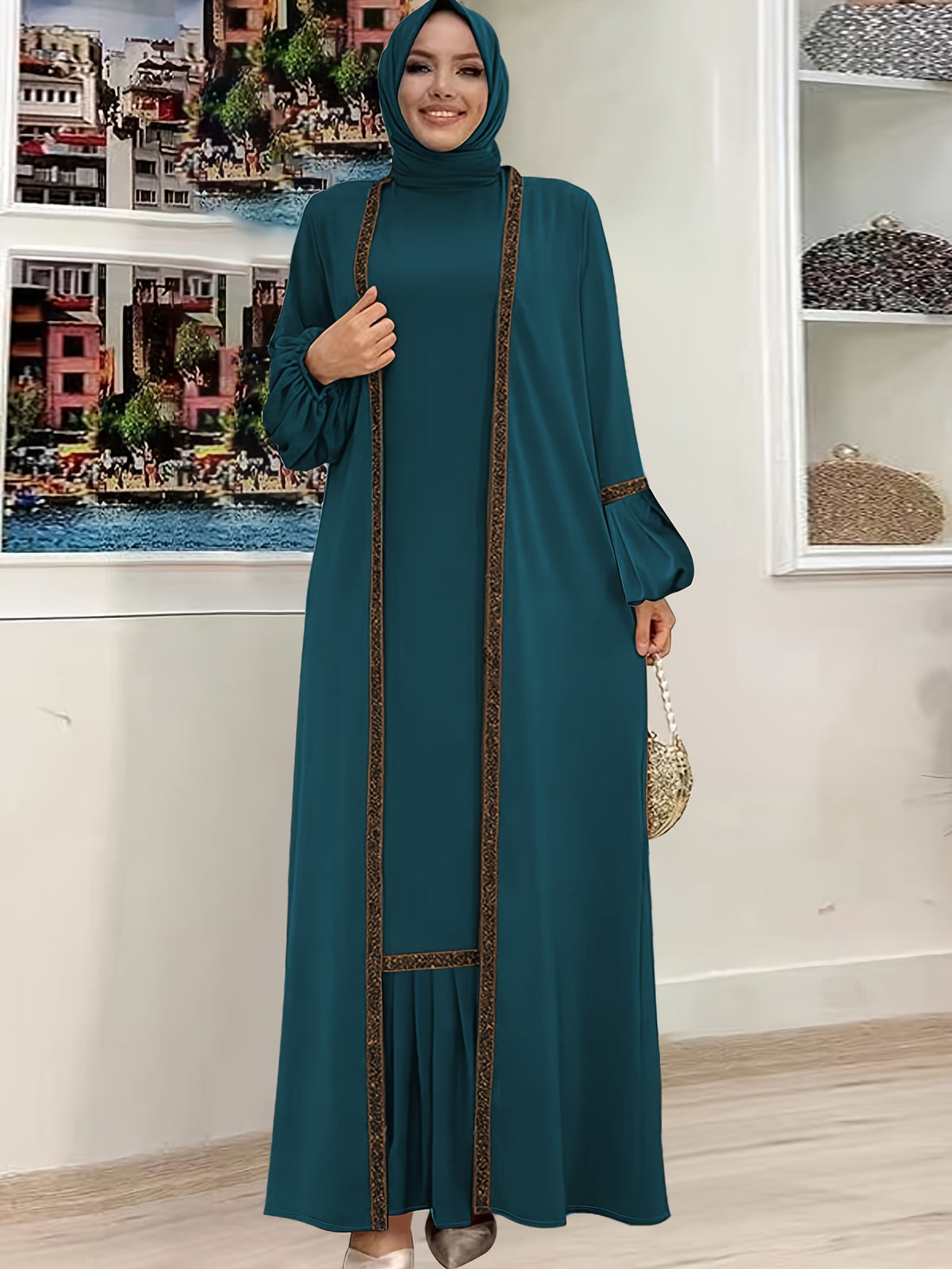 Women'S Middle Eastern Muslim Solid Color Vest Dress + Coat Two-Piece Set - Deep Peacock Blue