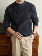 Men'S Olive Green Herringbone Knit Crew Neck Sweater, Textured Long Sleeve Pullover with Ribbed Trim, Old Money Fall Winter Top - Charcoal Gray