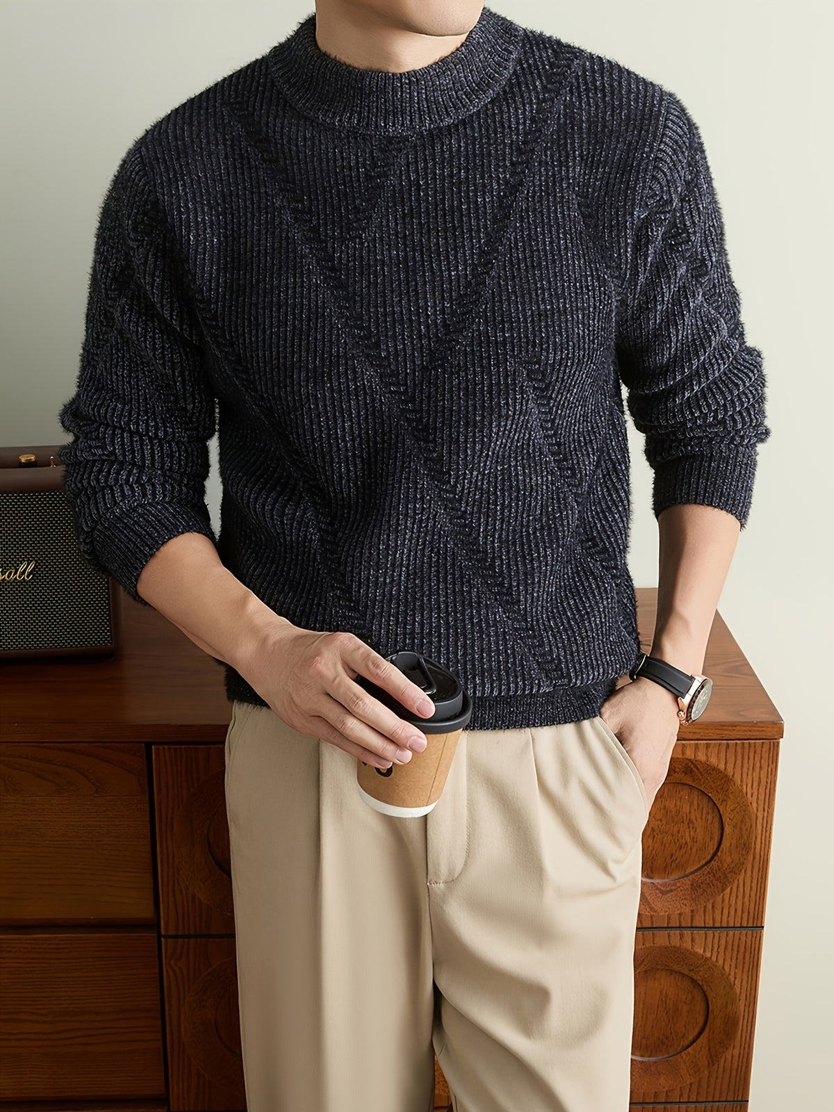 Men'S Olive Green Herringbone Knit Crew Neck Sweater, Textured Long Sleeve Pullover with Ribbed Trim, Old Money Fall Winter Top - Charcoal Gray