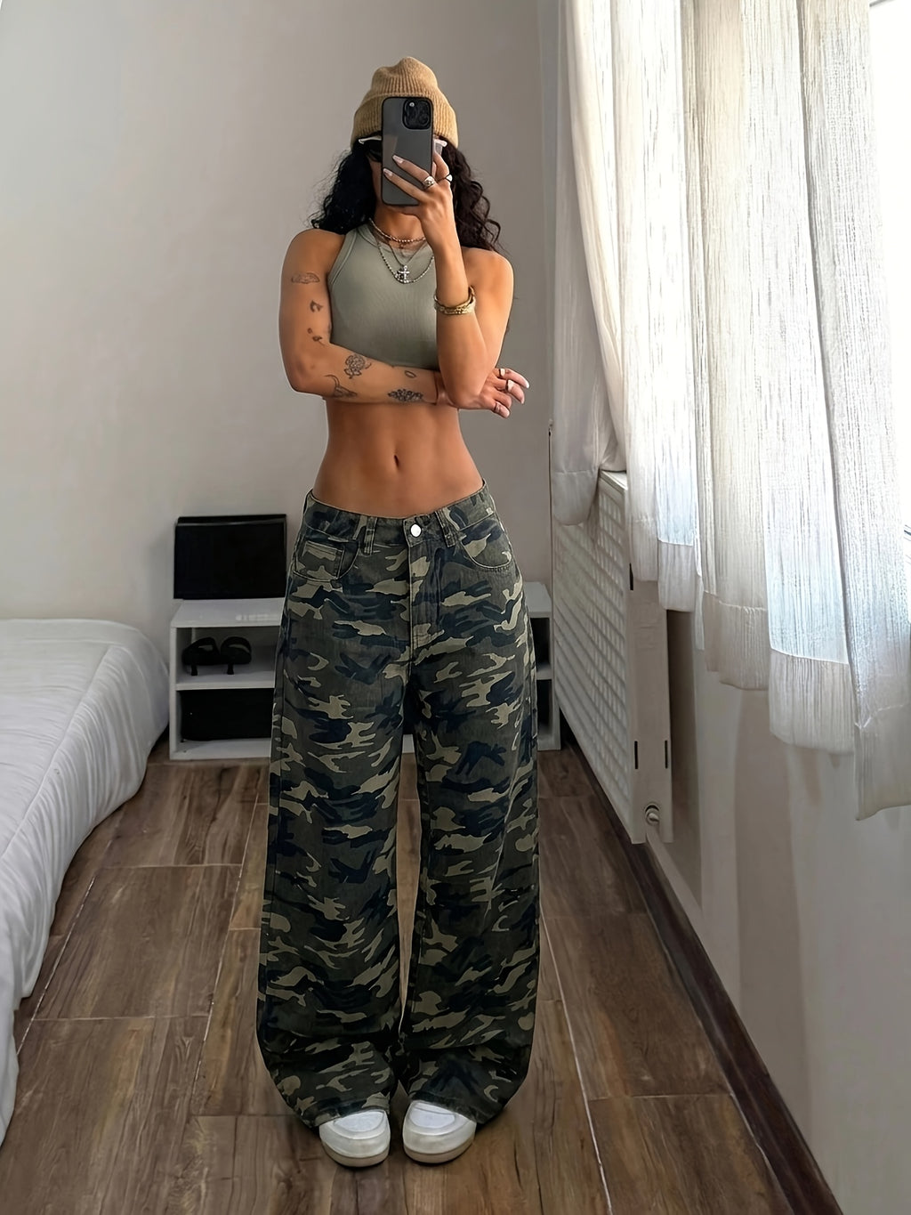 Vintage Camo High Waist Flare Jeans for Women Slim Wide Leg Bootcut Pants Y2K Streetwear Casual Floor Length Cargo Denim Trousers - Mixed colors