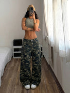 Vintage Camo High Waist Flare Jeans for Women Slim Wide Leg Bootcut Pants Y2K Streetwear Casual Floor Length Cargo Denim Trousers - Mixed colors