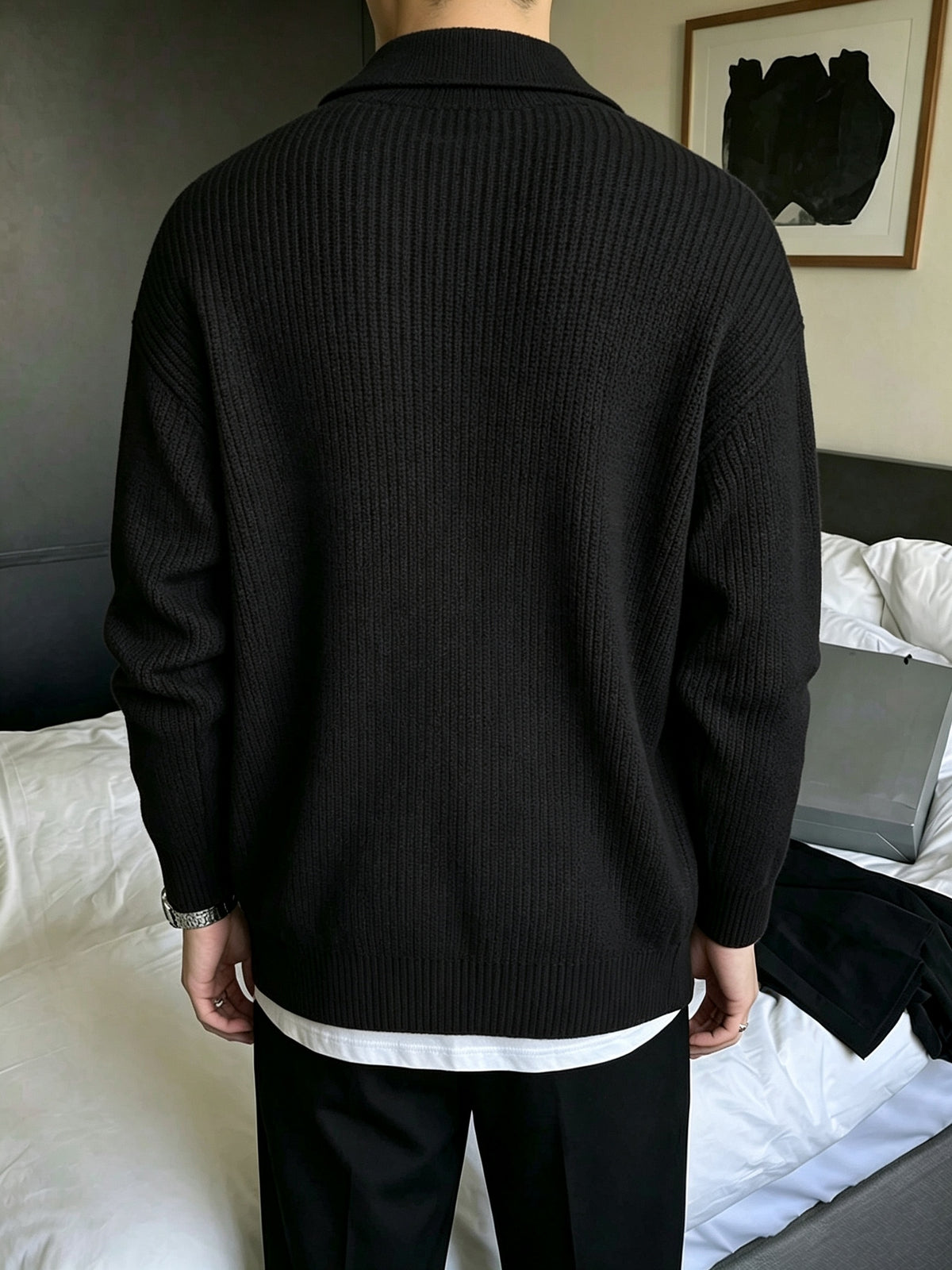 Men's Vertical Ribbed Suit-Style Lapel Buttonless Knit Cardigan, Loose Drop-Shoulder Thickened Lightly Mature Autumn/Winter Sweater Outerwear - Black