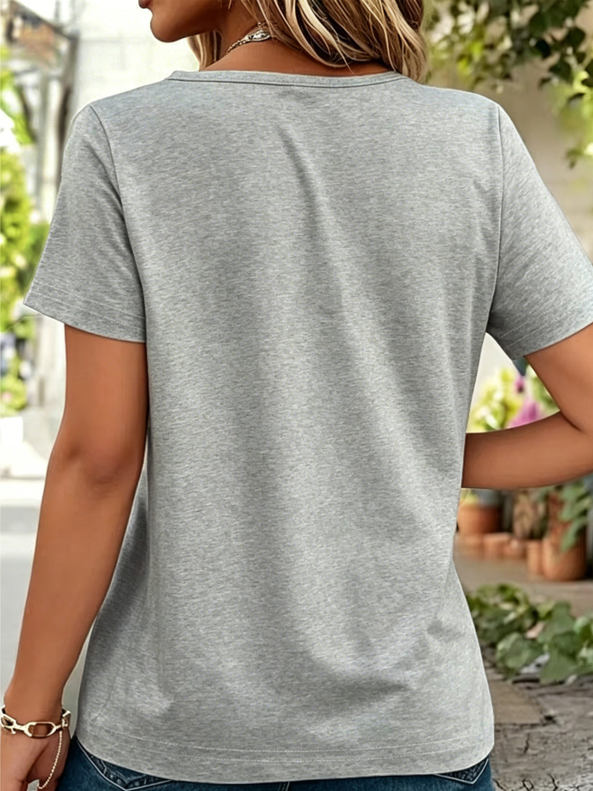 Patterned Printed Women' S V-neck T-shirt Short Sleeves Casual T-shirt Women's Clothing. - Light Grey