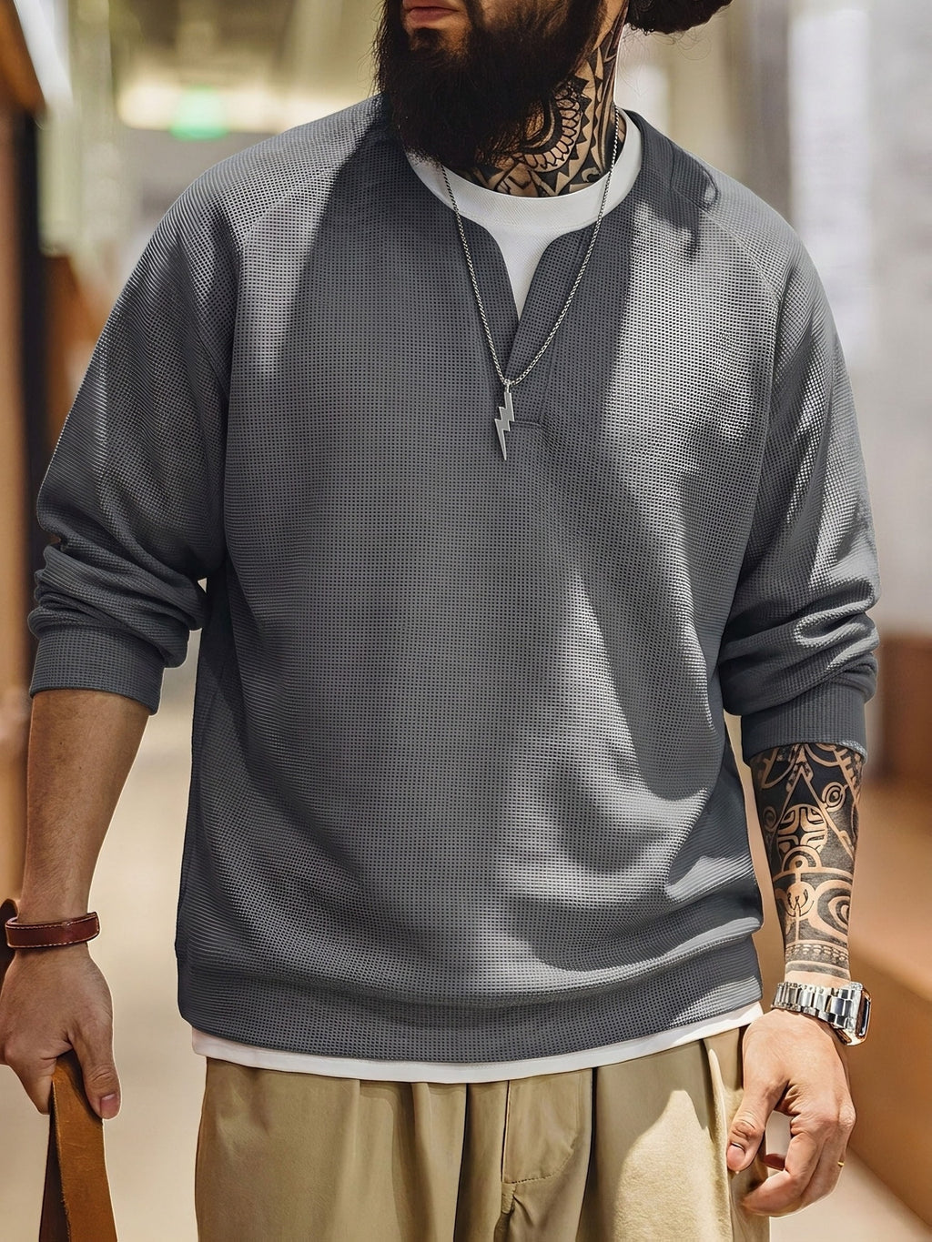 Men'S Long Sleeve Sweatshirt, Loose Fit, Waffle Fake Two-Piece Top, Spring/Autumn Casual Commute Wear, Men'S Casual Top, Men'S Gift, Spring/Autumn/Winter Holiday Wear, Ideal Gift Choice - Grey