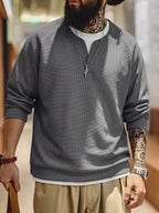 Men'S Long Sleeve Sweatshirt, Loose Fit, Waffle Fake Two-Piece Top, Spring/Autumn Casual Commute Wear, Men'S Casual Top, Men'S Gift, Spring/Autumn/Winter Holiday Wear, Ideal Gift Choice - Grey