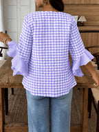 Women's Colorful Plaid Flared Sleeve Shirt for Spring, Summer, and Autumn, Casual Checkered Patchwork Shirt with Large and Small Plaid Patterns, Plaid Shirt for Vacation, Leisure, and Work Commutes - Light Purple
