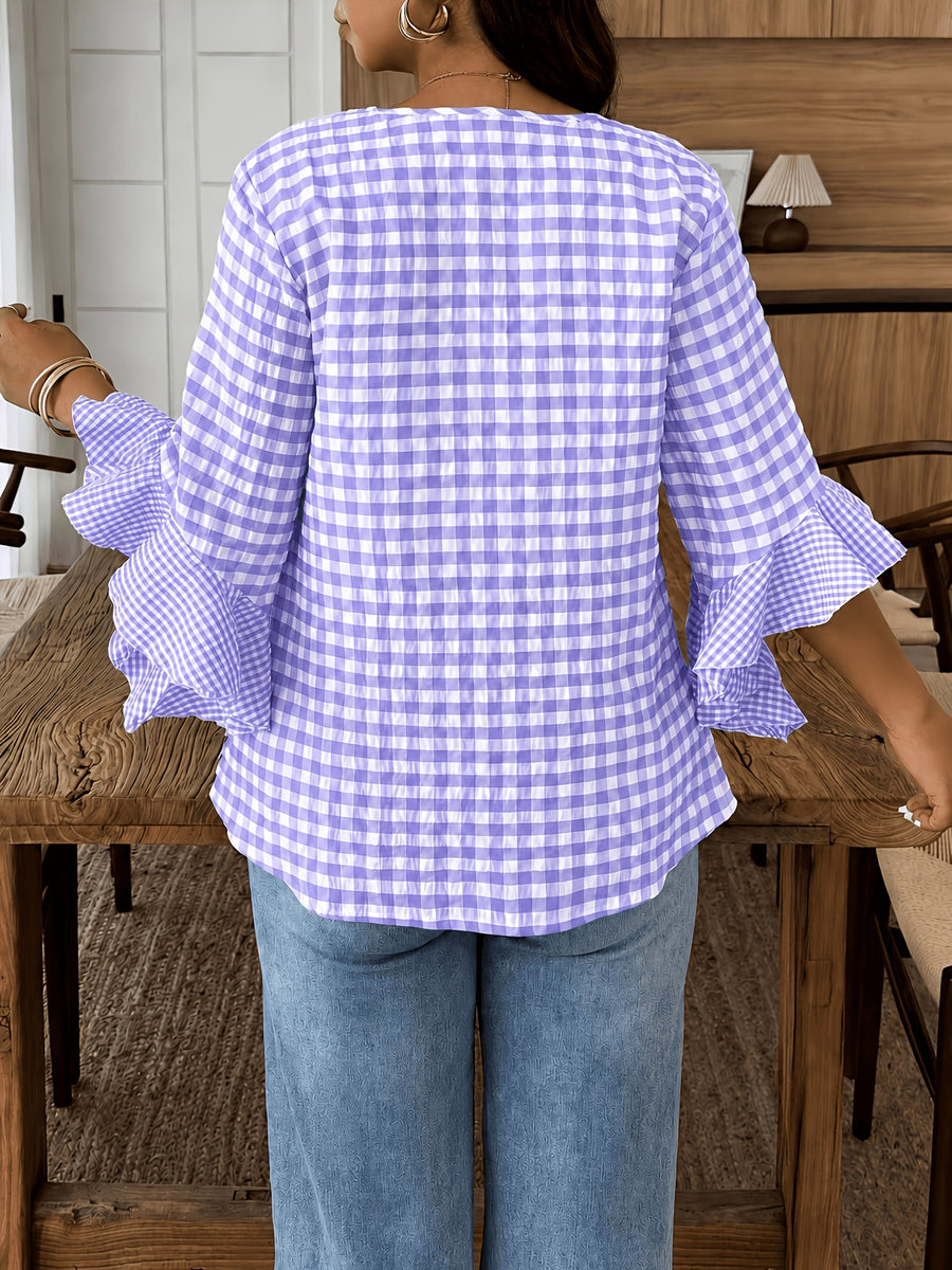 Women's Colorful Plaid Flared Sleeve Shirt for Spring, Summer, and Autumn, Casual Checkered Patchwork Shirt with Large and Small Plaid Patterns, Plaid Shirt for Vacation, Leisure, and Work Commutes - Light Purple