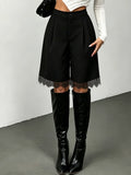 Fashionable New Trendy Versatile Solid Color Women'S Shorts, Lace Trim Pleated Loose Slant Pocket Shorts - Black