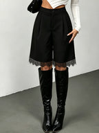 Fashionable New Trendy Versatile Solid Color Women'S Shorts, Lace Trim Pleated Loose Slant Pocket Shorts - Black