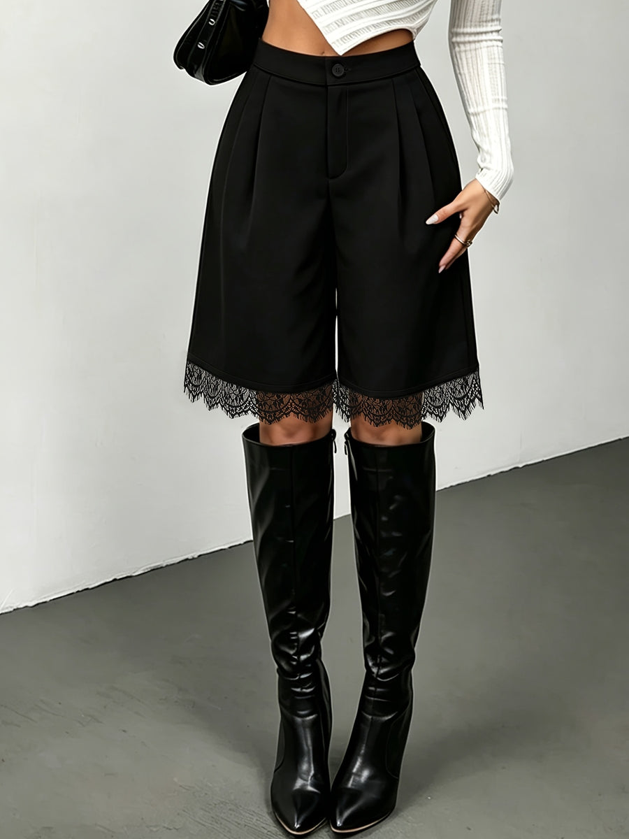 Fashionable New Trendy Versatile Solid Color Women'S Shorts, Lace Trim Pleated Loose Slant Pocket Shorts - Black