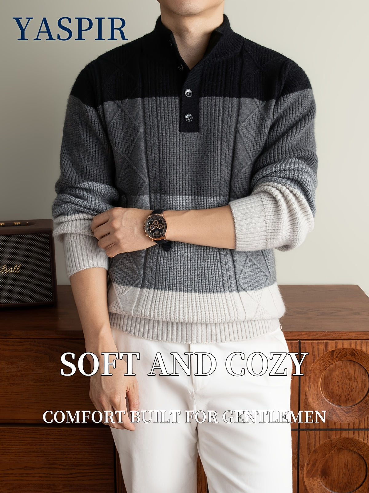 Autumn Winter Men'S High Neck Henley Long Sleeve Pullover Sweater Thick Heavyweight Style, Color-Block Jacquard Design, Casual Elegant Old Money Style, Warm And Cold-Resistant, Suitable for Daily Leisure Sports Outdoor Camping Fishing Wear, Knit - Black