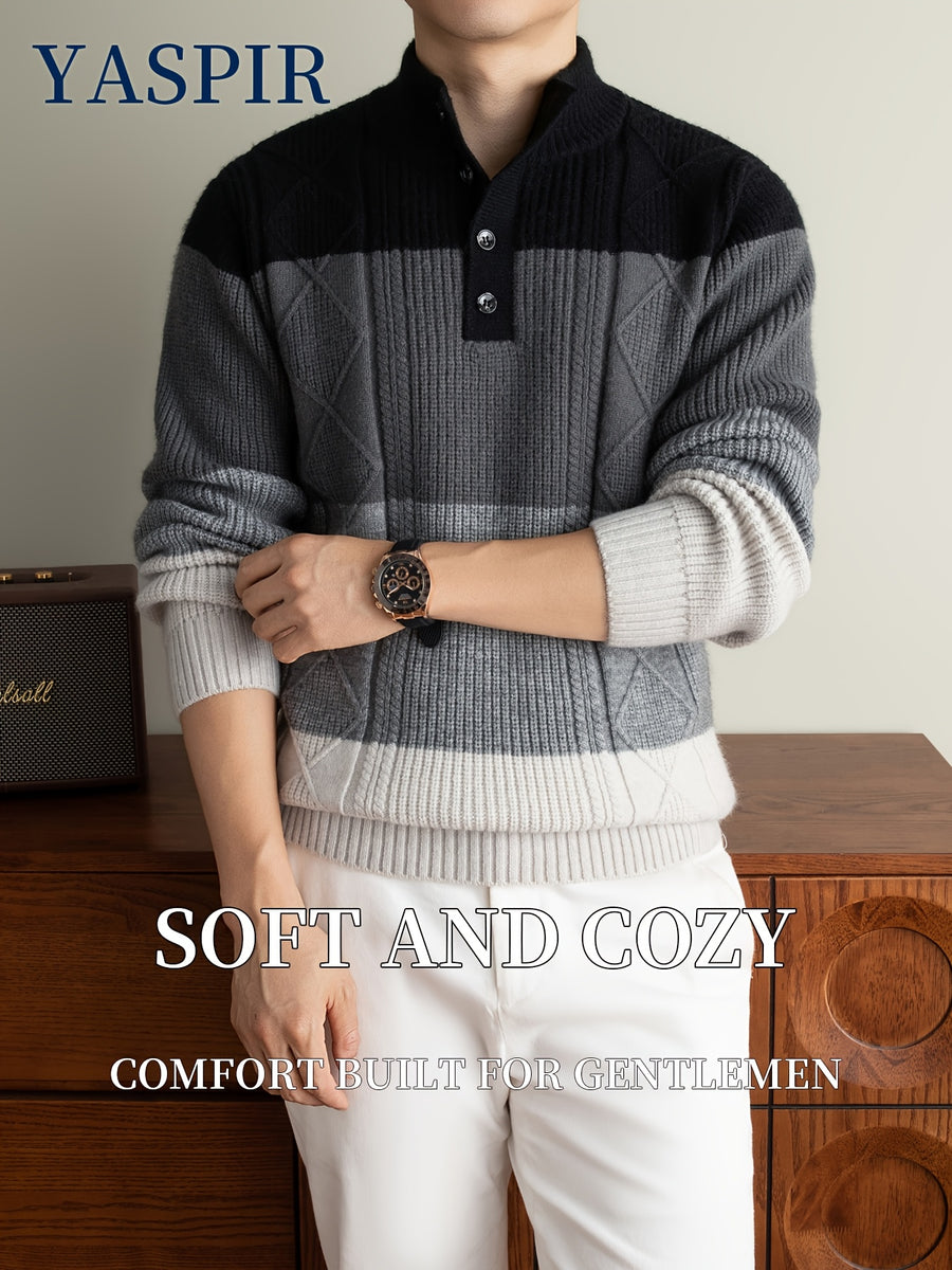 Autumn Winter Men'S High Neck Henley Long Sleeve Pullover Sweater Thick Heavyweight Style, Color-Block Jacquard Design, Casual Elegant Old Money Style, Warm And Cold-Resistant, Suitable for Daily Leisure Sports Outdoor Camping Fishing Wear, Knit - Black