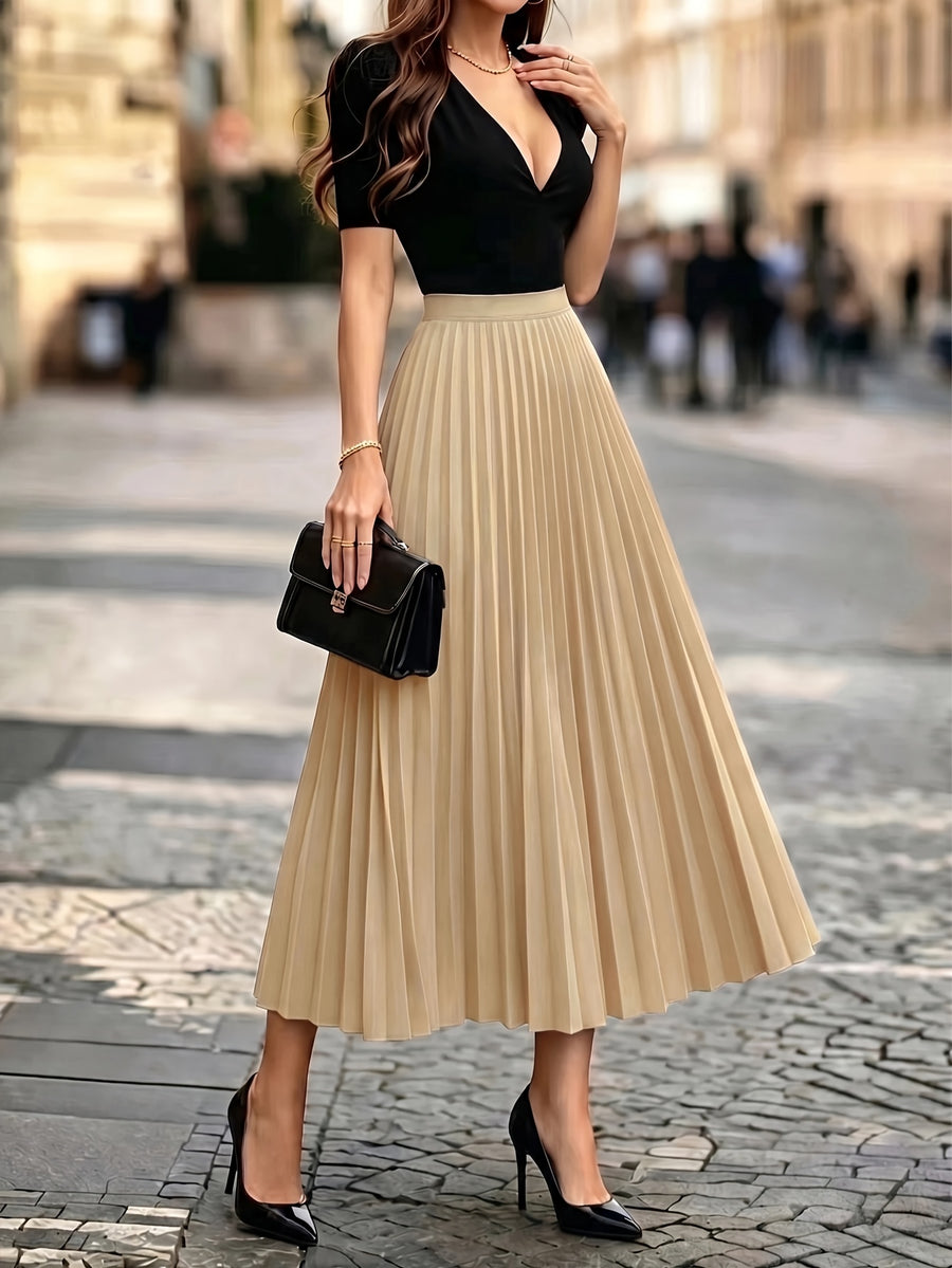 1pc Women's Skirt, Spring/autumn Solid Color Stretch Waist Sun Pleat A-line Skirt - Khaki