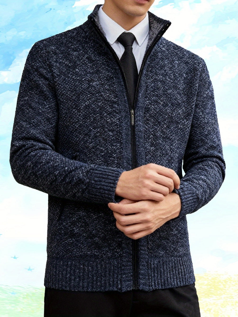Autumn and Winter Casual Sweater Cardigan Jacket for Men, Thick Zipper Jacket with a Slightly Loose Three-dimensional Cut, Hiding Flesh and Slimming Without Dragging, Easily Creating a Fashionable Business Image (only Includes 1 Jacket) - Navy Color
