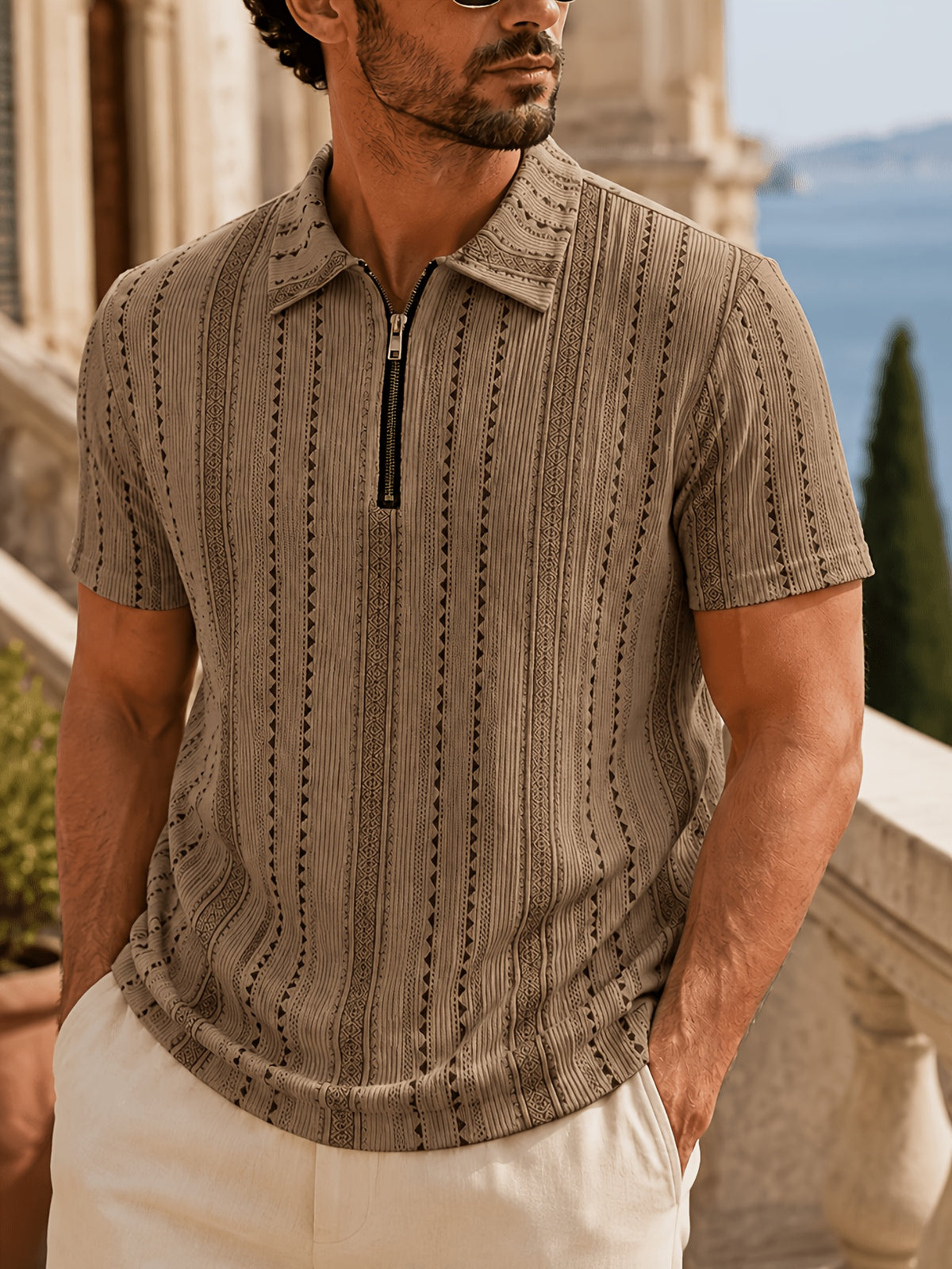 Men's Summer Knit Polo Shirt, Fashion Vertical Jacquard Stripe, Half-Zip Geometric Texture, Suitable for Trips, Business Occasions & Evening Dates - Men's Knitted Polo Shirt (Tan)