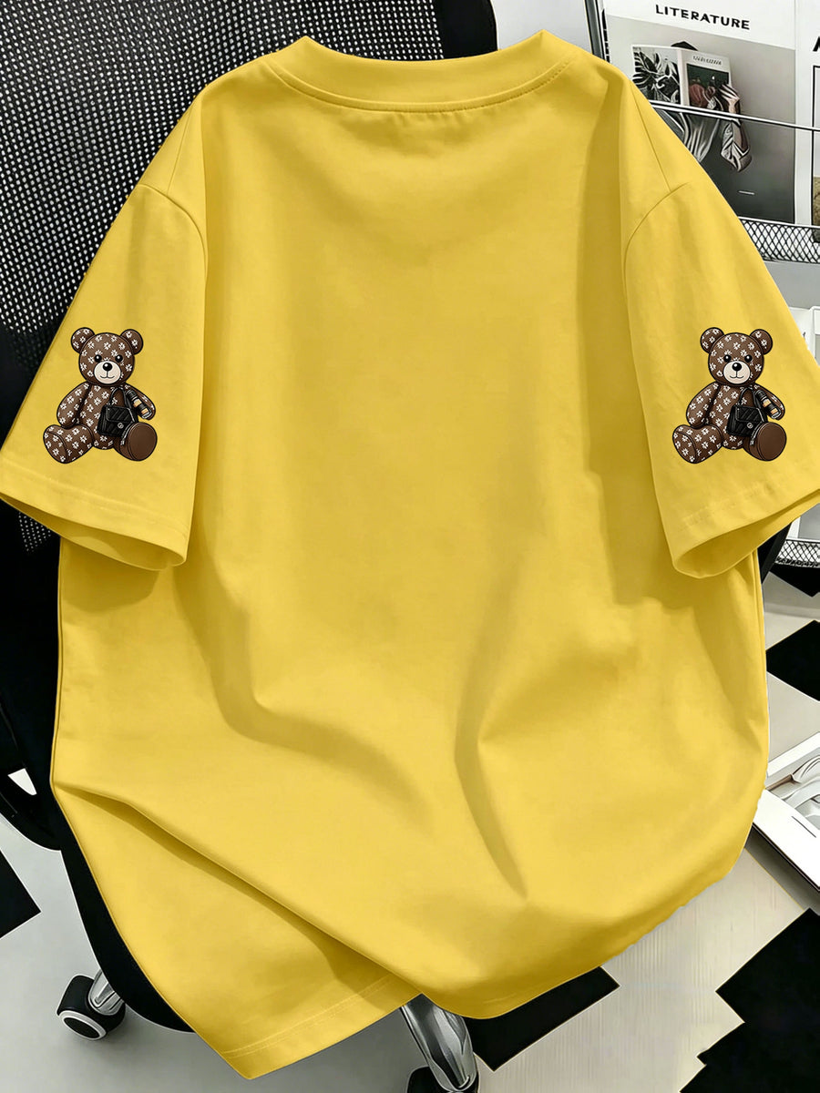 Plus Size, Plus-size Women's Crossbody Bag with Bear Print, Round Neck Short-sleeve T-shirt. Suitable for Summer Vacations, Beach, Holidays, Spring, Valentine's Day, Carnivals, Mother's Day Gifts; a Gift for Mom. Suitable for Daily Wear - Yellow