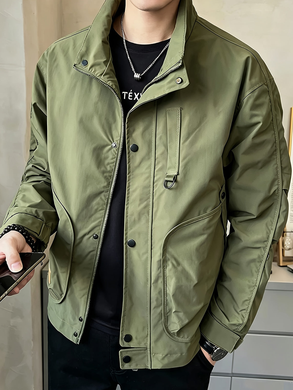 Men's Preppy Style Jacket, In-Stock for Spring/Autumn, Trendy Brand Casual Stand Collar Zipper Snap Button Design Workwear Jacket Outerwear - Green