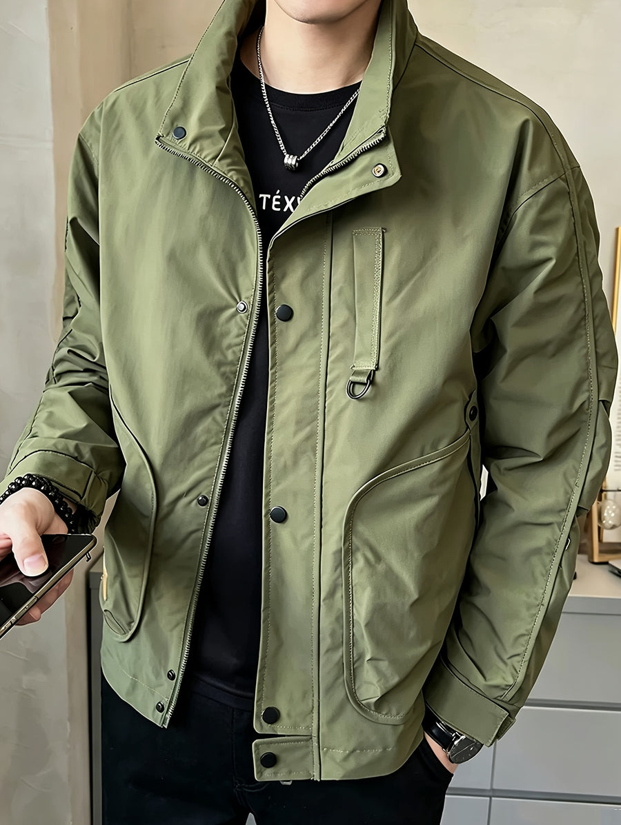 Men's Preppy Style Jacket, In-Stock for Spring/Autumn, Trendy Brand Casual Stand Collar Zipper Snap Button Design Workwear Jacket Outerwear - Green
