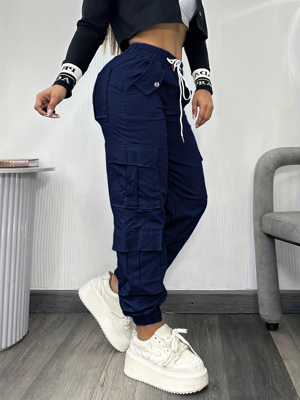 Christmas, Women'S Casual Drawstring Elastic Waist Jogger Pants, Minimalist Design Y2K Street Style Multiple Pockets Spring/Summer - Navy Color