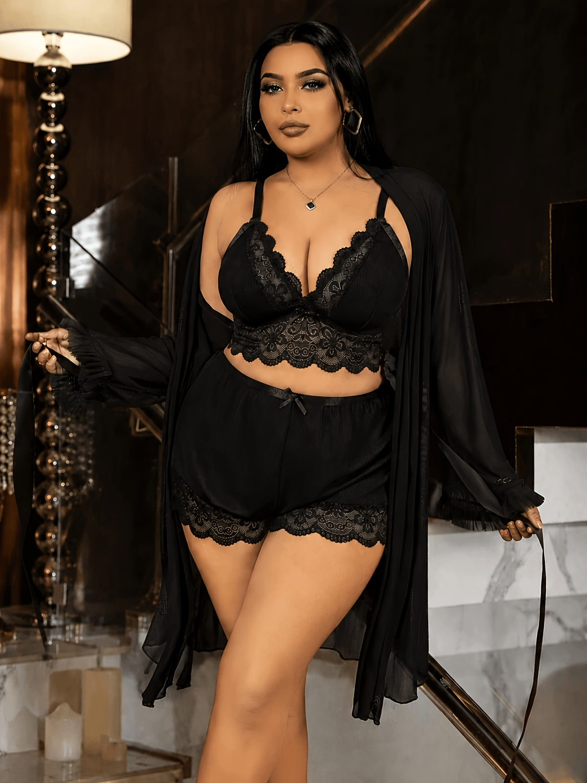 Plus Size Women's Sexy Lace Camisole Nightgown with Lace Trim, Floral Lace Long Sleeve Mesh 3pcs Set - Black