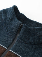 Autumn And Winter Men'S Sweater with Fleece, Half-Zipper Collar, Contrasting Color Stripes, Long-Sleeved Men'S Knit Pullover, Casual And Versatile, Warm Top Suitable for Daily Commuting, Going Out, Shopping - Sea Blue