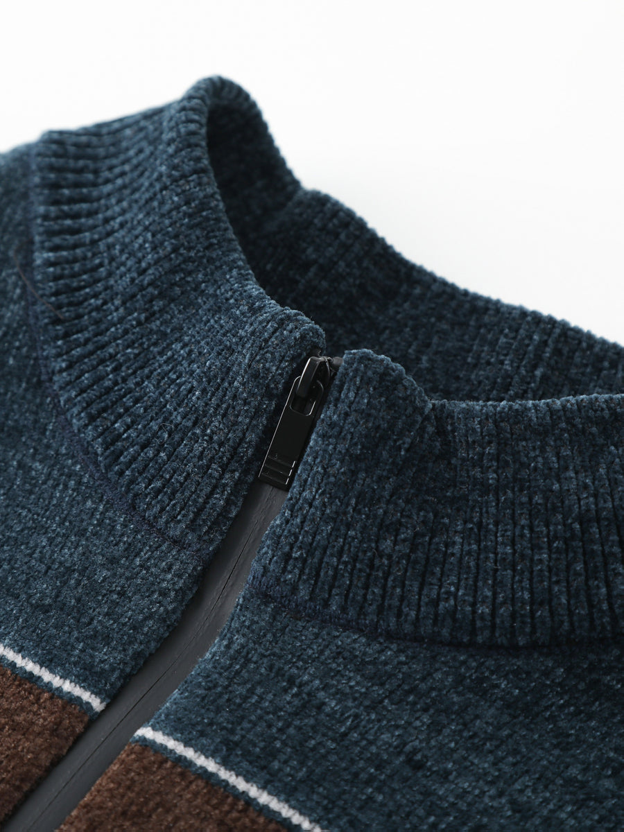 Autumn And Winter Men'S Sweater with Fleece, Half-Zipper Collar, Contrasting Color Stripes, Long-Sleeved Men'S Knit Pullover, Casual And Versatile, Warm Top Suitable for Daily Commuting, Going Out, Shopping - Sea Blue
