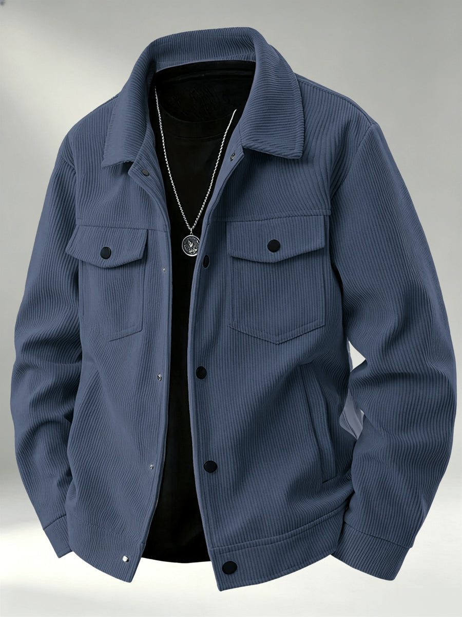Men'S Trendy Corduroy Lapel Cargo Jacket Solid Vertical Texture Casual Long Sleeve Jacket Commuter Top - Blue