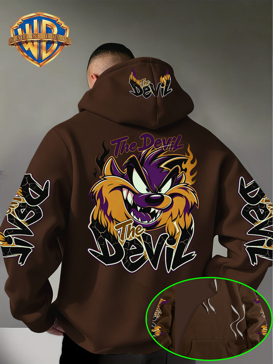Le Yitong Big Mouth Monster The Devil Flame Print Hooded Sweatshirt, with Sleeve Print Design, Kangaroo Pouch And Drawstring Hood, Suitable for Autumn/Winter Casual Wear And Outdoor Activities - Coffee Color