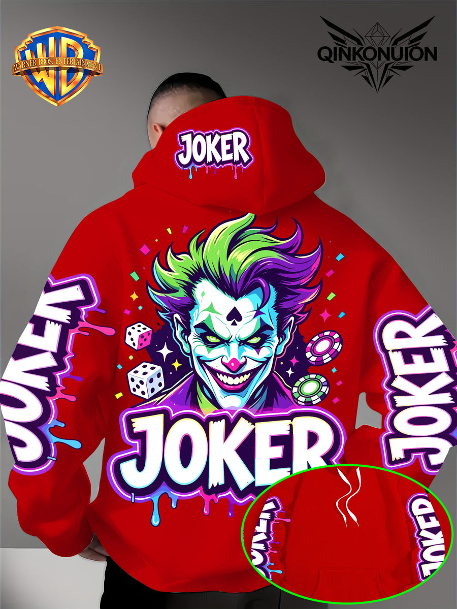 Warner Official Men'S Hoodie, Neon Clown Avatar Chess And Card Graffiti Trendy Print Design, Machine Washable, Warm And Casual for Autumn And Winter, Daily Drawstring Hoodie, Multi-Functional Sports And Leisure Loose Version - Red