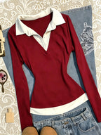 Elegant Women's Long-sleeve Lapel Shirt, Faux 2pcs Design with a Slim-fitting Waist, Casual Top Versatile for Daily Office and Outdoor Wear, a Back-to- Essential, a Premium Birthday Gift for Women - Burgundy