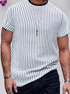 Men's Black & White Striped Short-Sleeve Crew Neck T-Shirt - Smooth Soft Fabric, Casual Sporty Style Suitable for Spring Summer Fall, Machine Washable Round Neck Tee with Durable Construction for Casual Attire & Athletic Outfits - Mixed colors