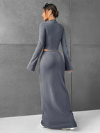 Spring and Autumn Solid Color Half Skirt Long Sleeve Top, Fashionable 2pcs Set for Women - Dark Gray