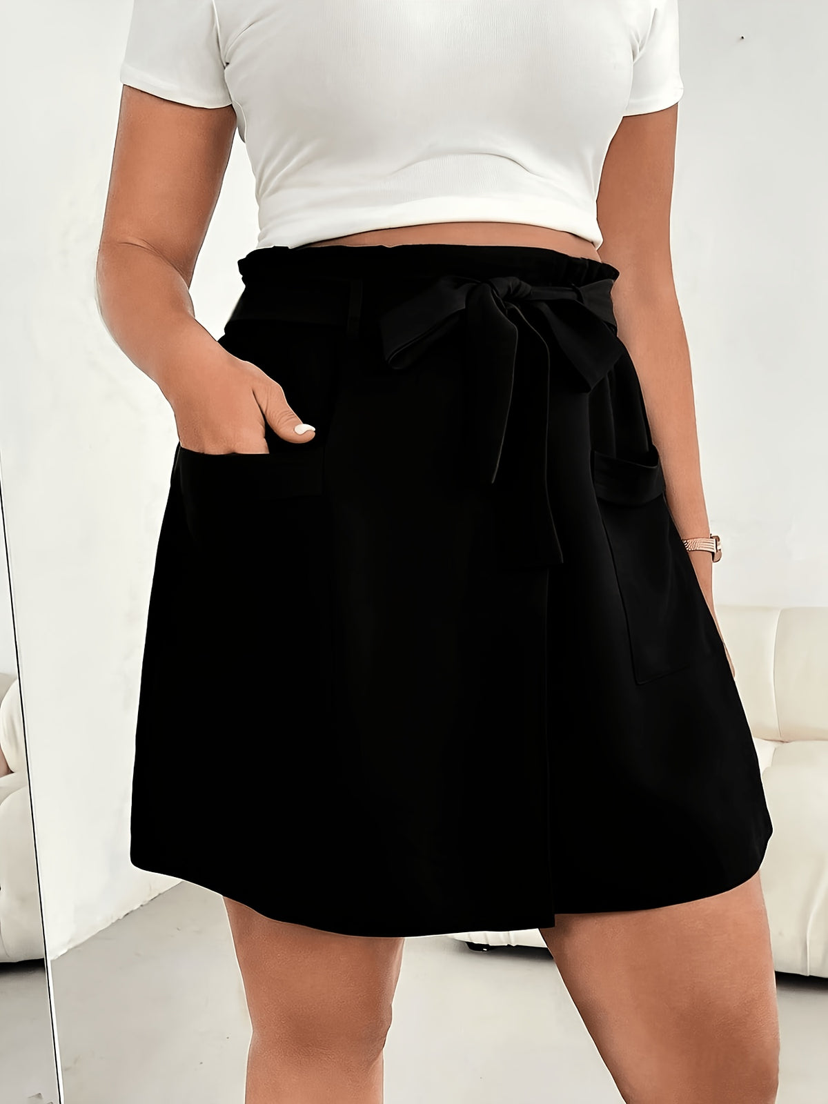 Vintage Bow-Knot Wide-Leg Pants Skirt - Short Tie-Strap Half-Skirt with Double Pocket, Bow Detail & Loose-Fit | Machine Washable Solid Color Suitable for Commuting, Office, Semi-Formal Wear - Summer Short Skirt Pants - Black