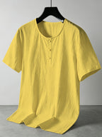 Men'S Summer -Linen Half-Zip Short Sleeve T-Shirt - Yellow