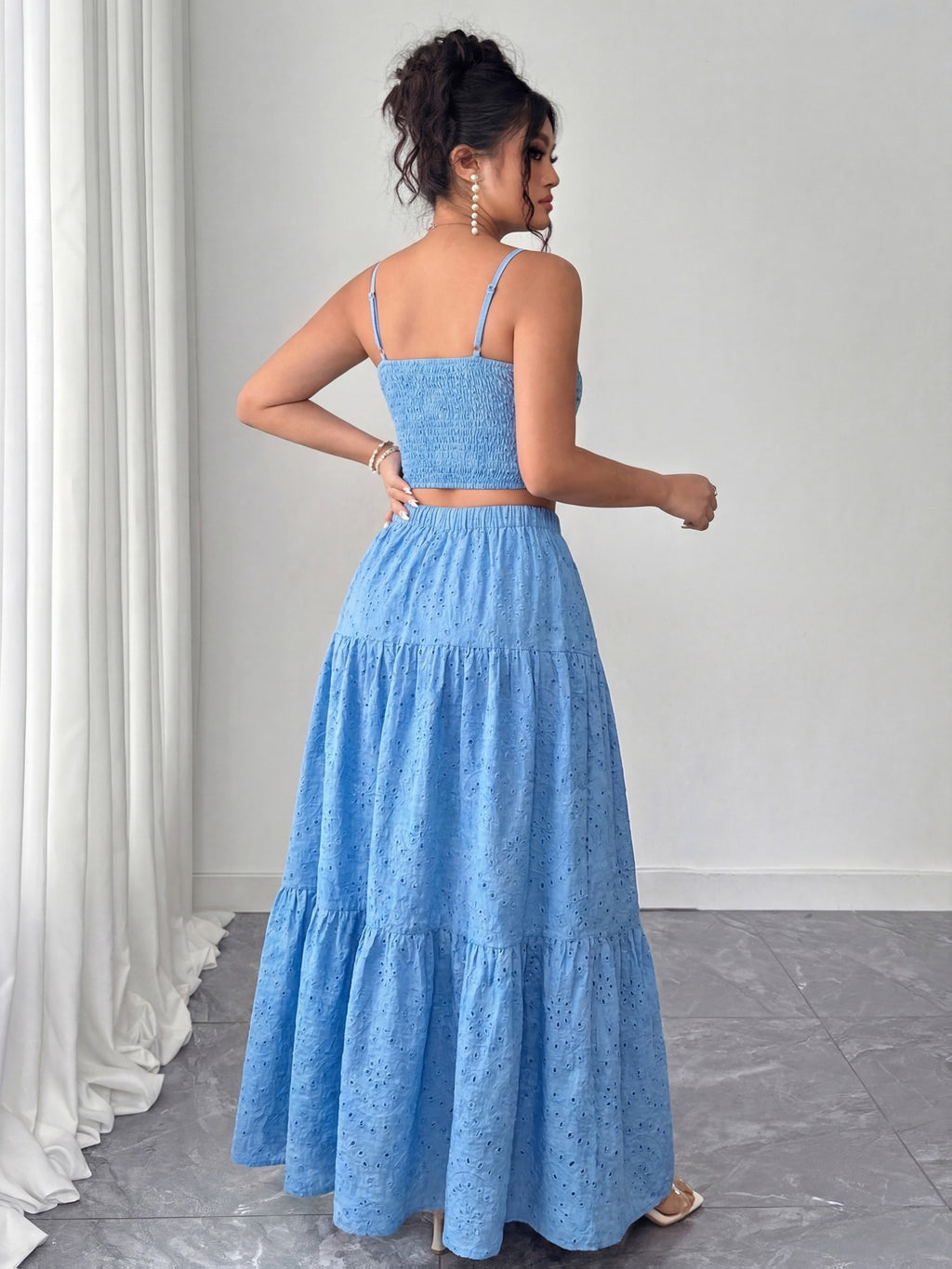 Two-Piece Embroidered Maxi Dress, Bohemian Style with Layered Ruffle Hem. Perfect for Dates, Vacations, Picnics, And Beach Outings. Comfortable And Versatile Women'S Dress - Sky Blue