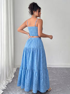 Two-Piece Embroidered Maxi Dress, Bohemian Style with Layered Ruffle Hem. Perfect for Dates, Vacations, Picnics, And Beach Outings. Comfortable And Versatile Women'S Dress - Sky Blue
