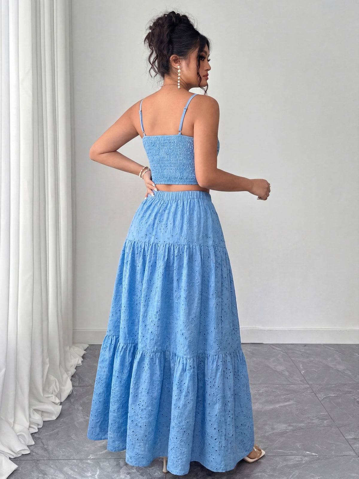 Two-Piece Embroidered Maxi Dress, Bohemian Style with Layered Ruffle Hem. Perfect for Dates, Vacations, Picnics, And Beach Outings. Comfortable And Versatile Women'S Dress - Sky Blue