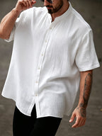 Men's Summer Solid Color Shirt, Lightweight Fashionable Casual Top - White