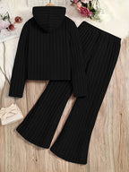 A Set of Women's Rib- Cable- Letter-appliqué Hoodie and Flared Pants - Black