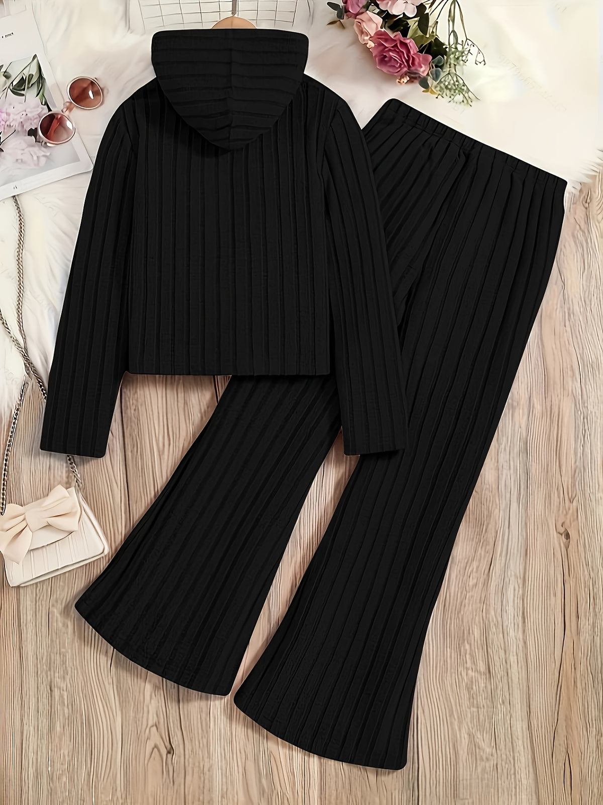 A Set of Women's Rib- Cable- Letter-appliqué Hoodie and Flared Pants - Black