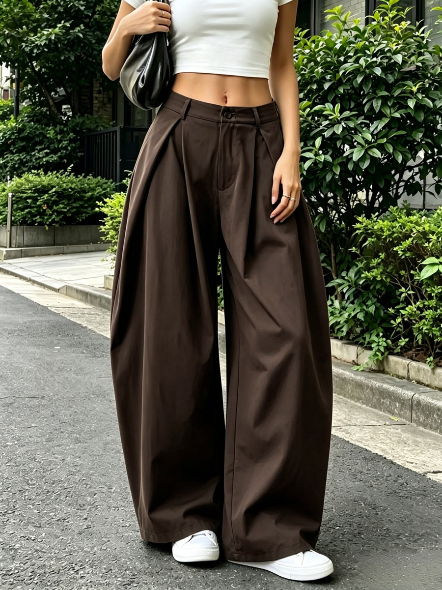 Women's Elegant Vintage High-Waisted Wide- Pants - Loose Fit Solid Green Trousers with Curved Hem & Zipper Closure, Machine Washable Suitable for Spring/Summer Casual Streetwear, Office, Casual Attire - Dark Brown