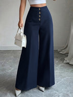 Women's New High Waisted Blue Straight Leg Pants with a Single Breasted Front, Simple, Elegant and Fashionable Pants - Blue