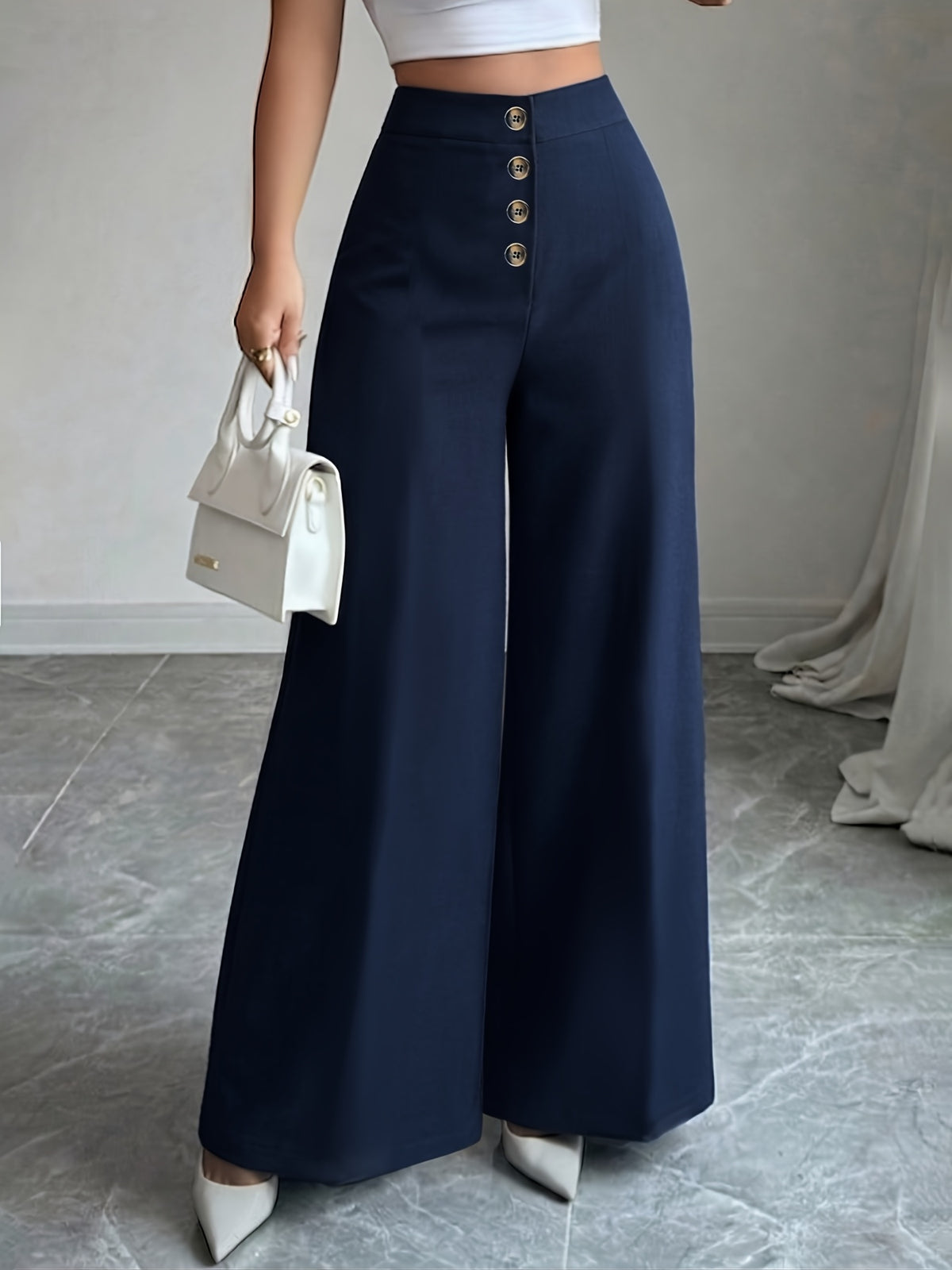 Women's New High Waisted Blue Straight Leg Pants with a Single Breasted Front, Simple, Elegant and Fashionable Pants - Blue